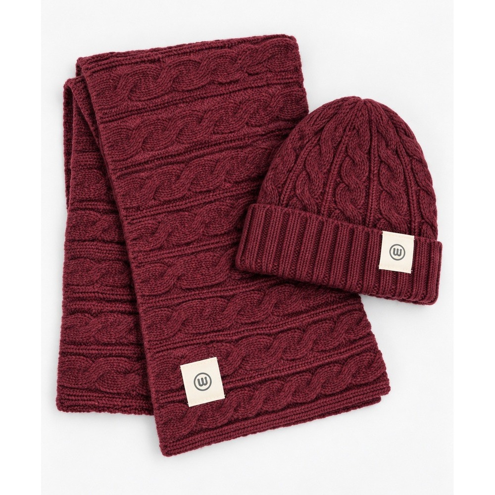 Wantable Womens Cable Knit Wool Blend Beanie Scarf 2 Piece Set Burgundy Chunky